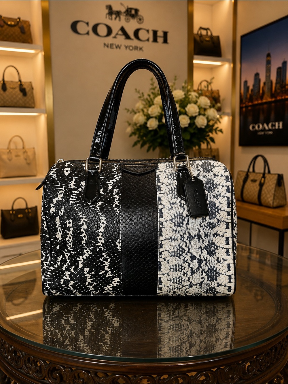 Coach Black and White Snake-Print Satchel with Glossy Trim